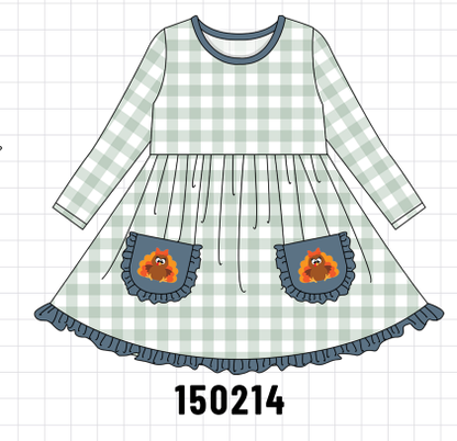 Sage Turkey Embroidery Gingham Dress